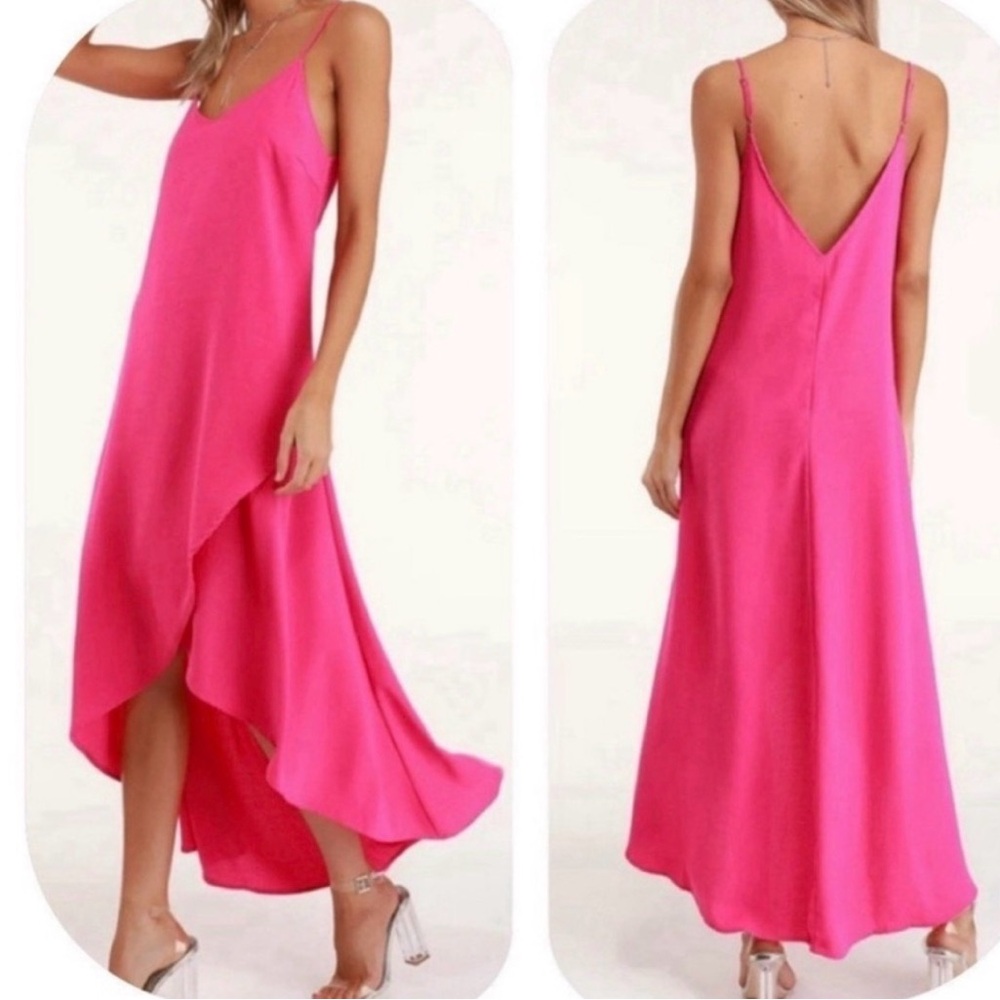 Lulus Sweet Surprise Hot Pink High-Low Maxi Dress M spaghetti strap V back Flowy